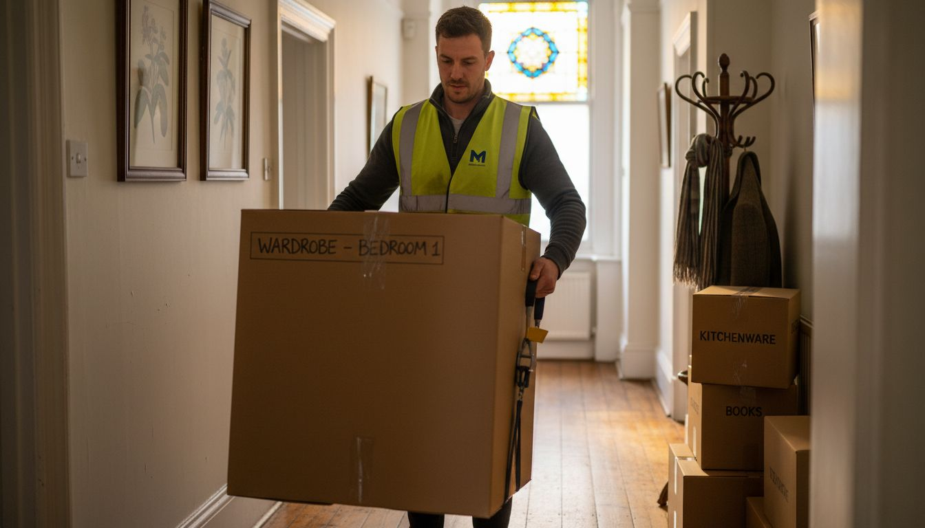 Mover using lifting strap in London flat