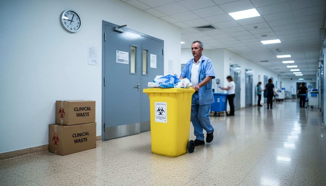 Porter moving yellow healthcare waste bin