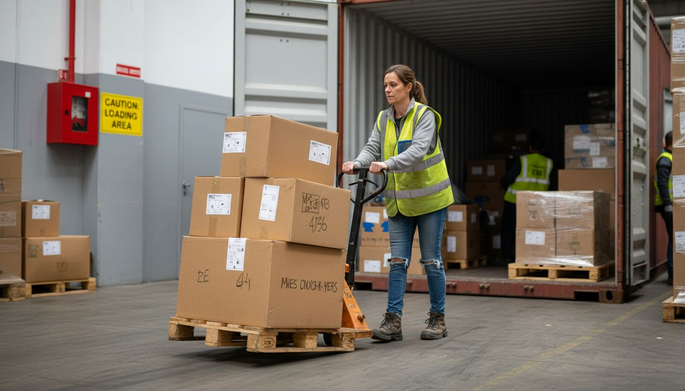 Worker loading boxes into shipping container
