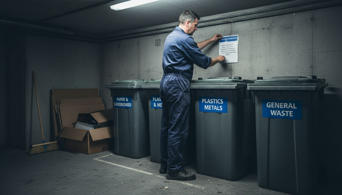 Worker updating waste bin facility signage