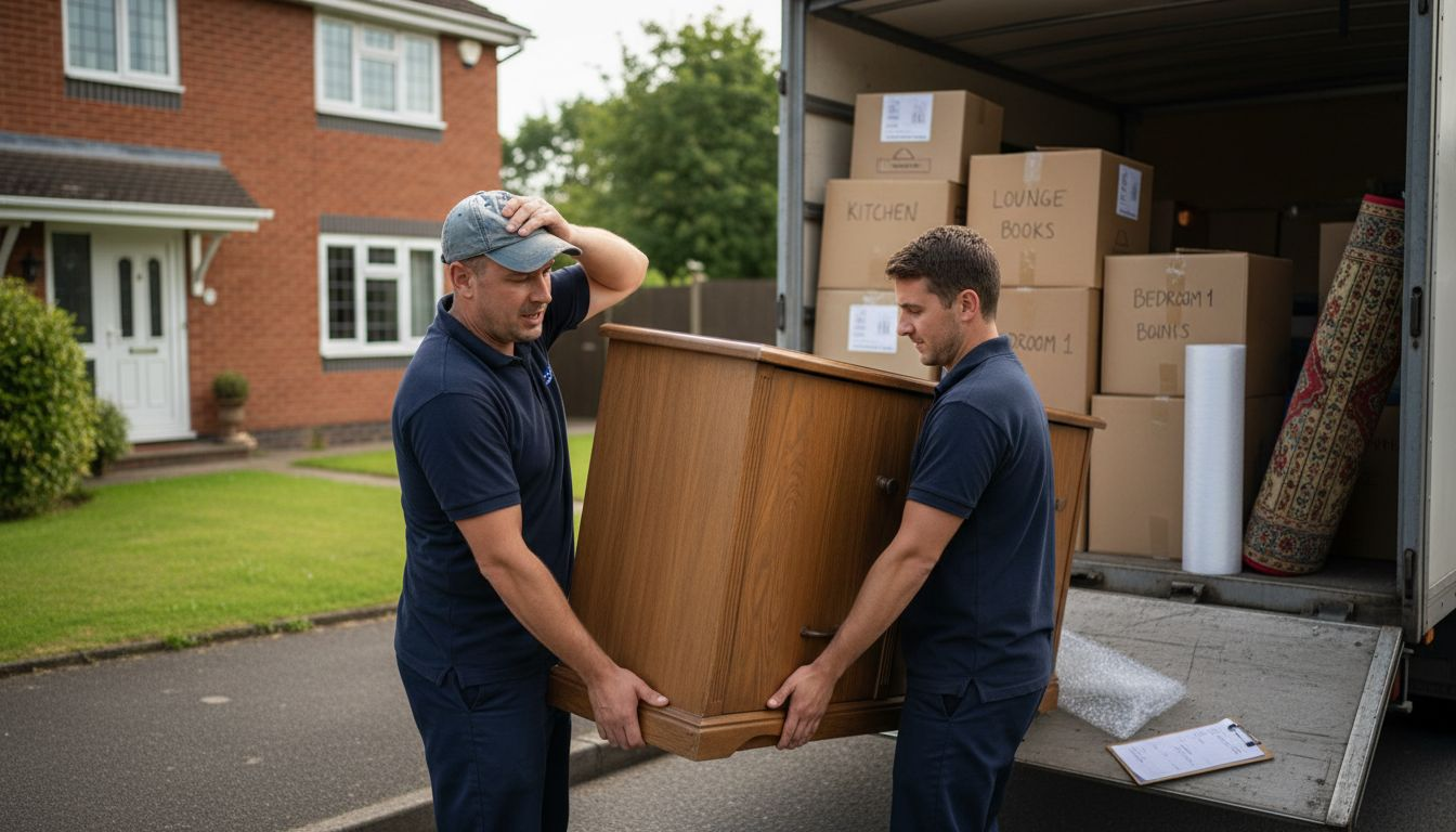 Movers loading furniture into moving truck