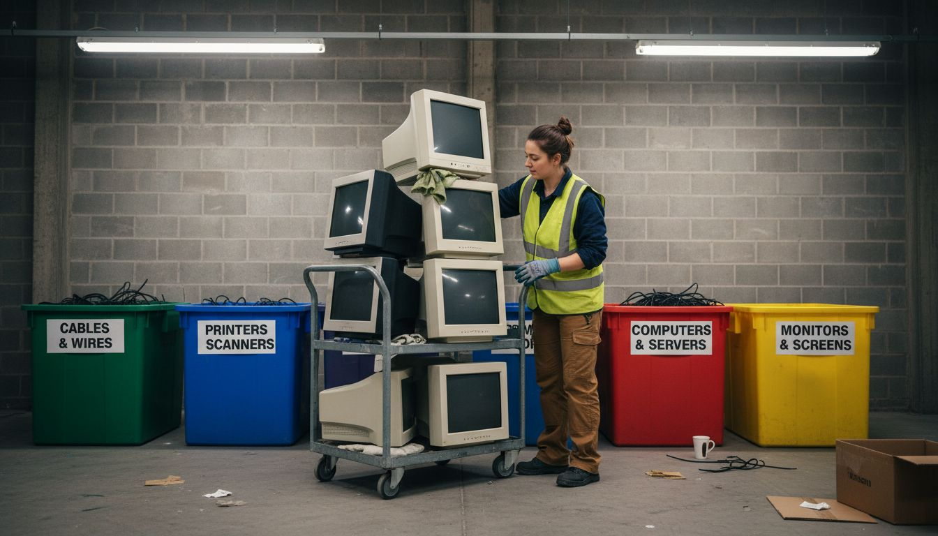 Worker segregates and cleans waste electricals
