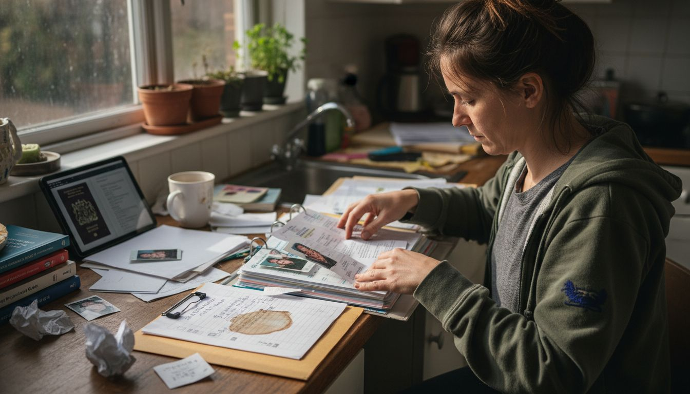 Mother organizing move documents at kitchen counter