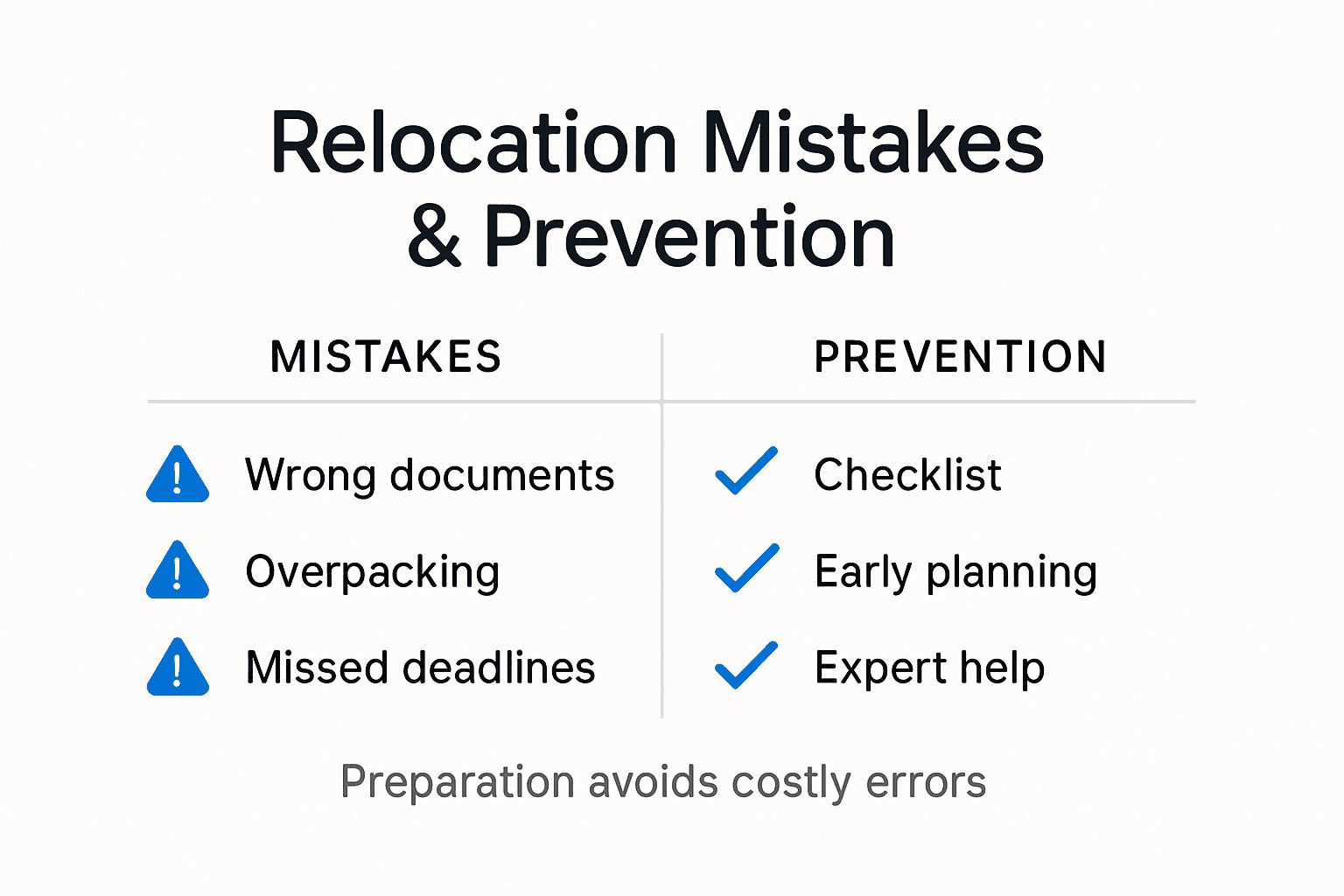 Infographic showing relocation mistakes and prevention steps