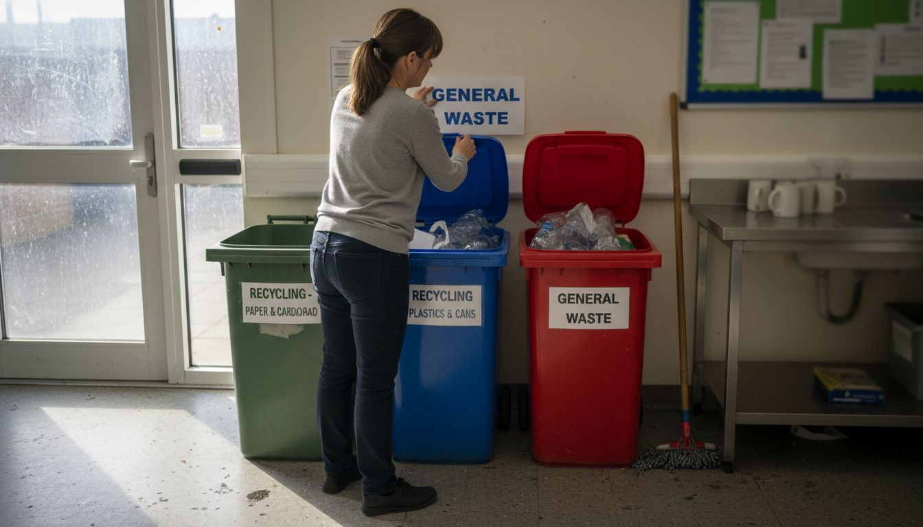 Manager arranges waste sorting bins in staff kitchen