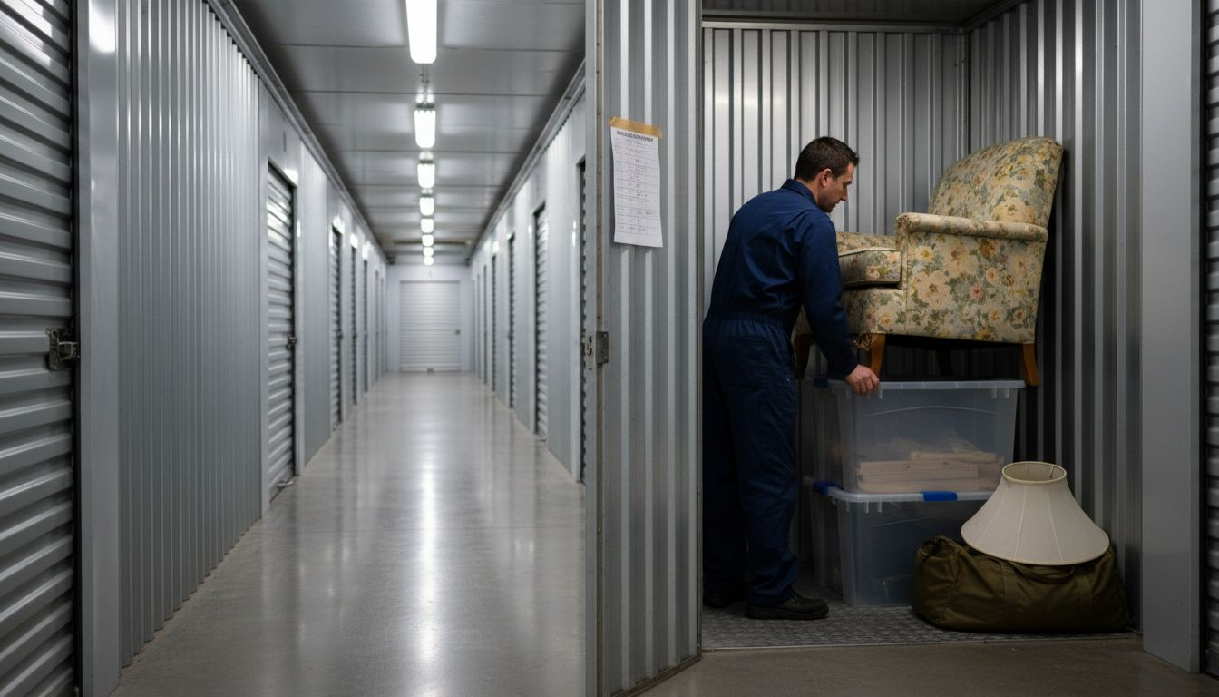 Worker stacking furniture inside storage unit