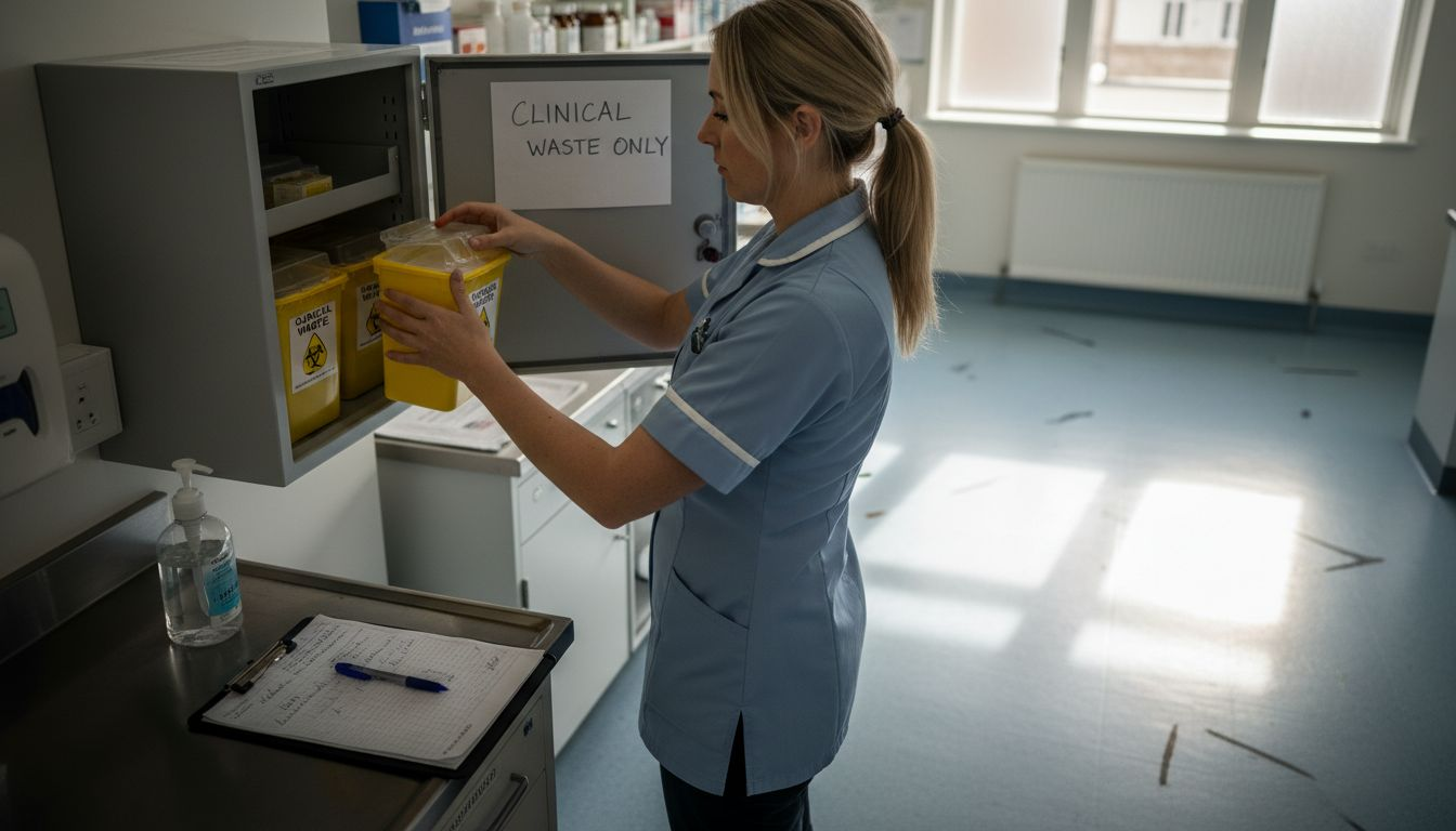 Nurse storing clinical waste in lockable cabinet