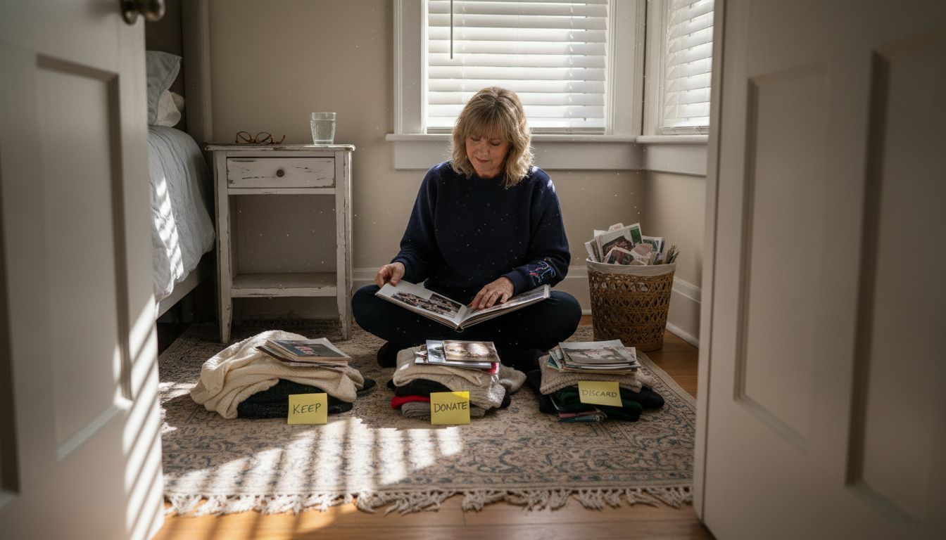 Woman sorts and declutters belongings into piles