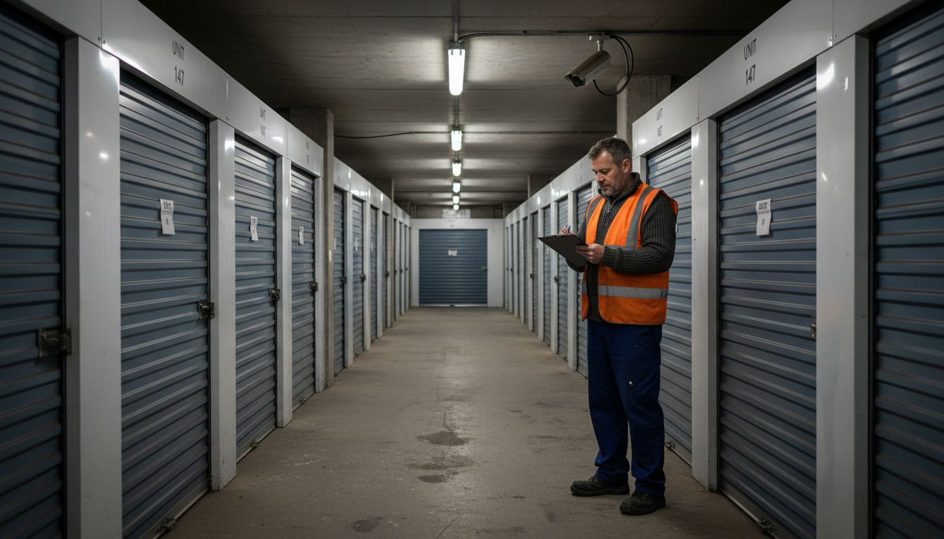 Manager checking inventory in secure storage facility
