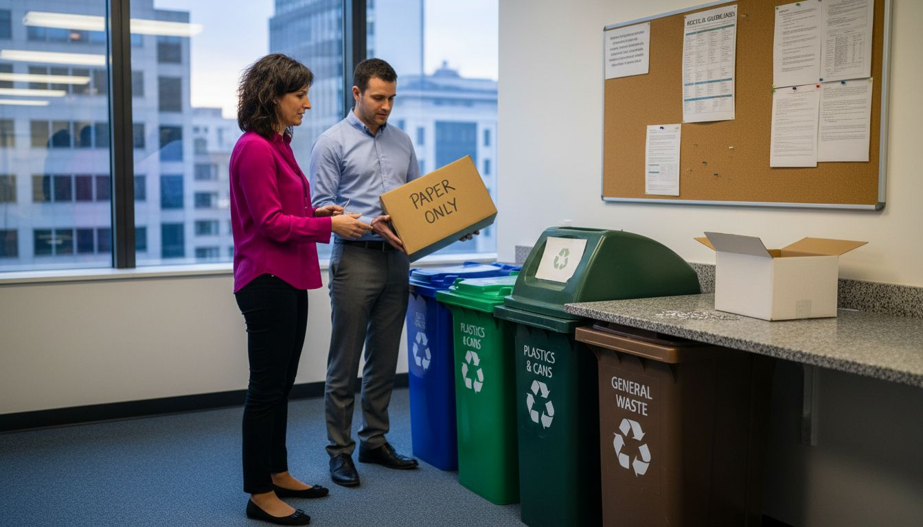 Staff sorting materials at recycling bins