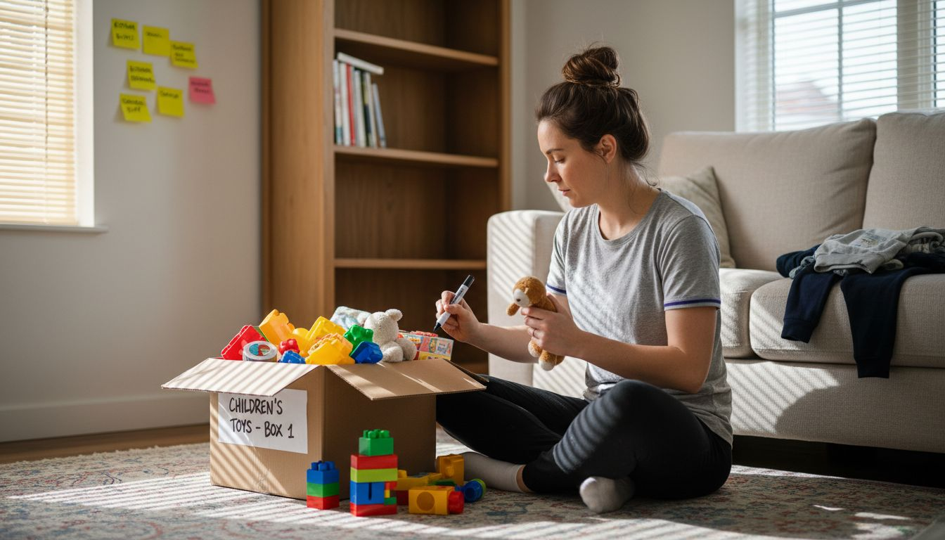 Mother labeling moving box with toys