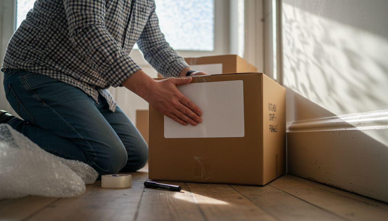 Man applies label to moving box
