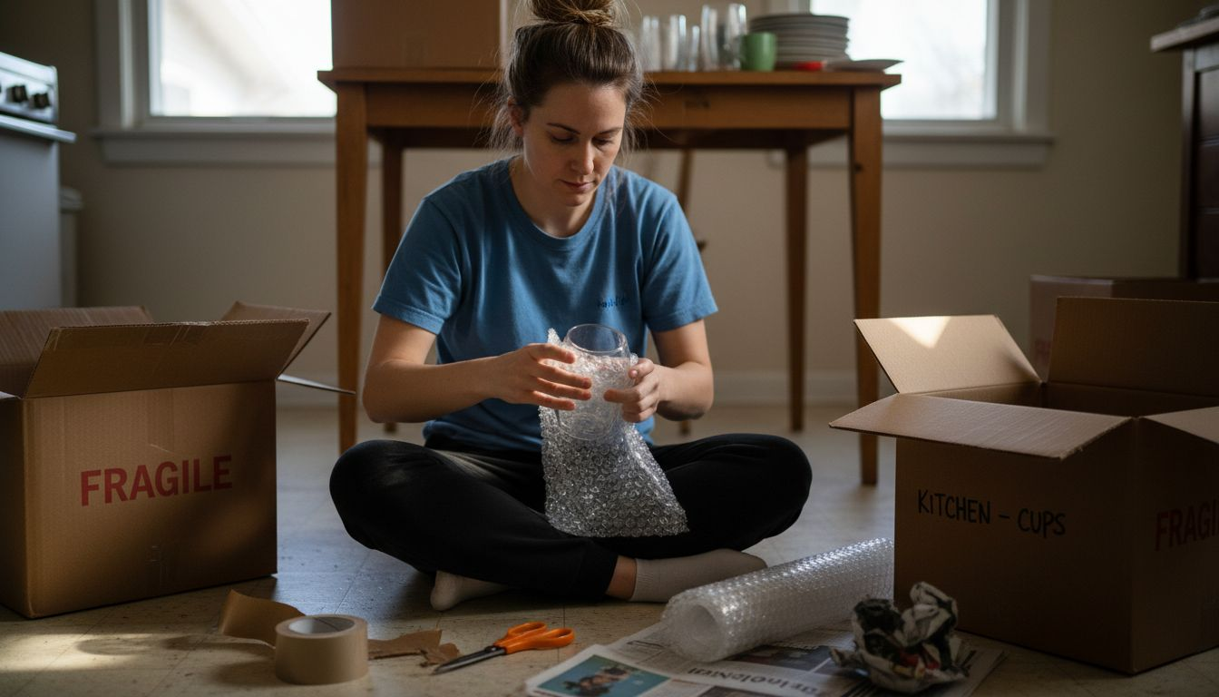 Woman wrapping glassware before moving
