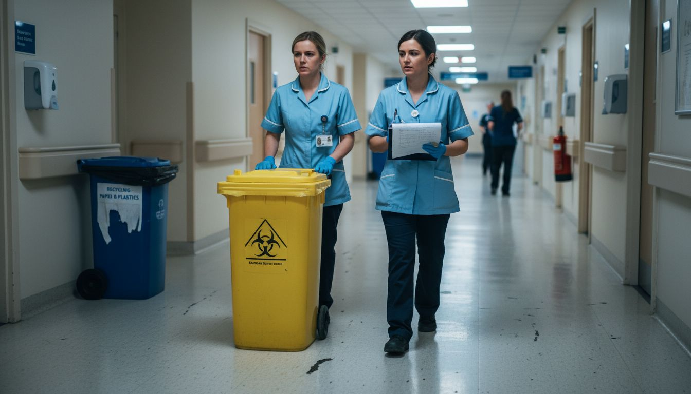Staff transporting medical waste bin in hospital