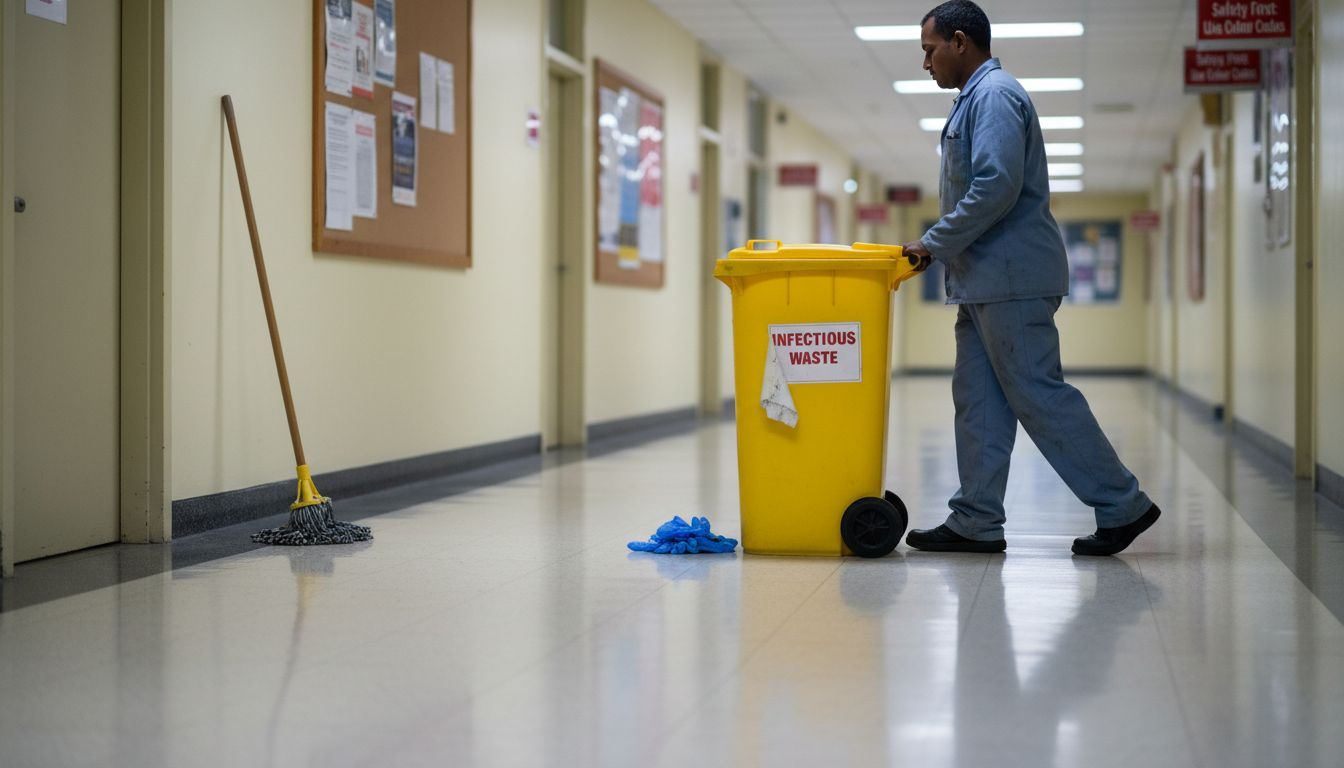Janitor moving yellow hazardous waste bin