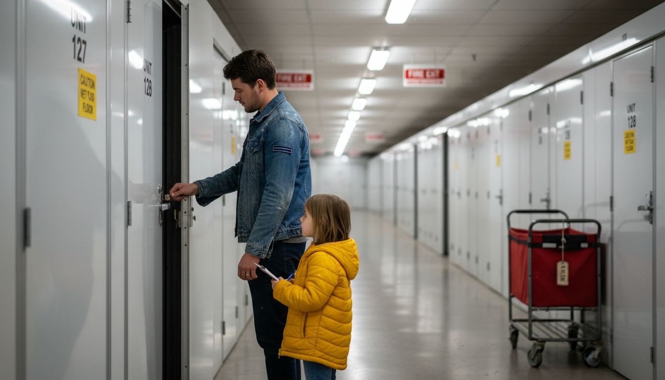 Father and daughter in storage facility corridor