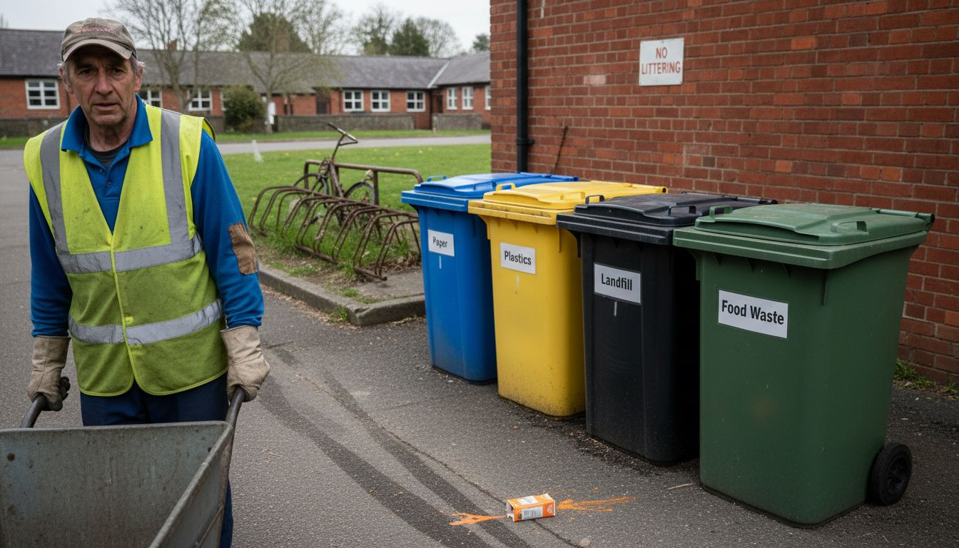 Groundskeeper pushes cart near recycling and landfill bins