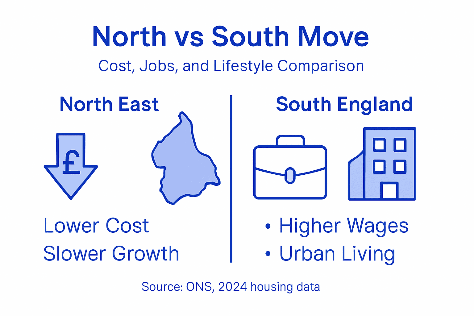 Infographic comparing North East and South England moves