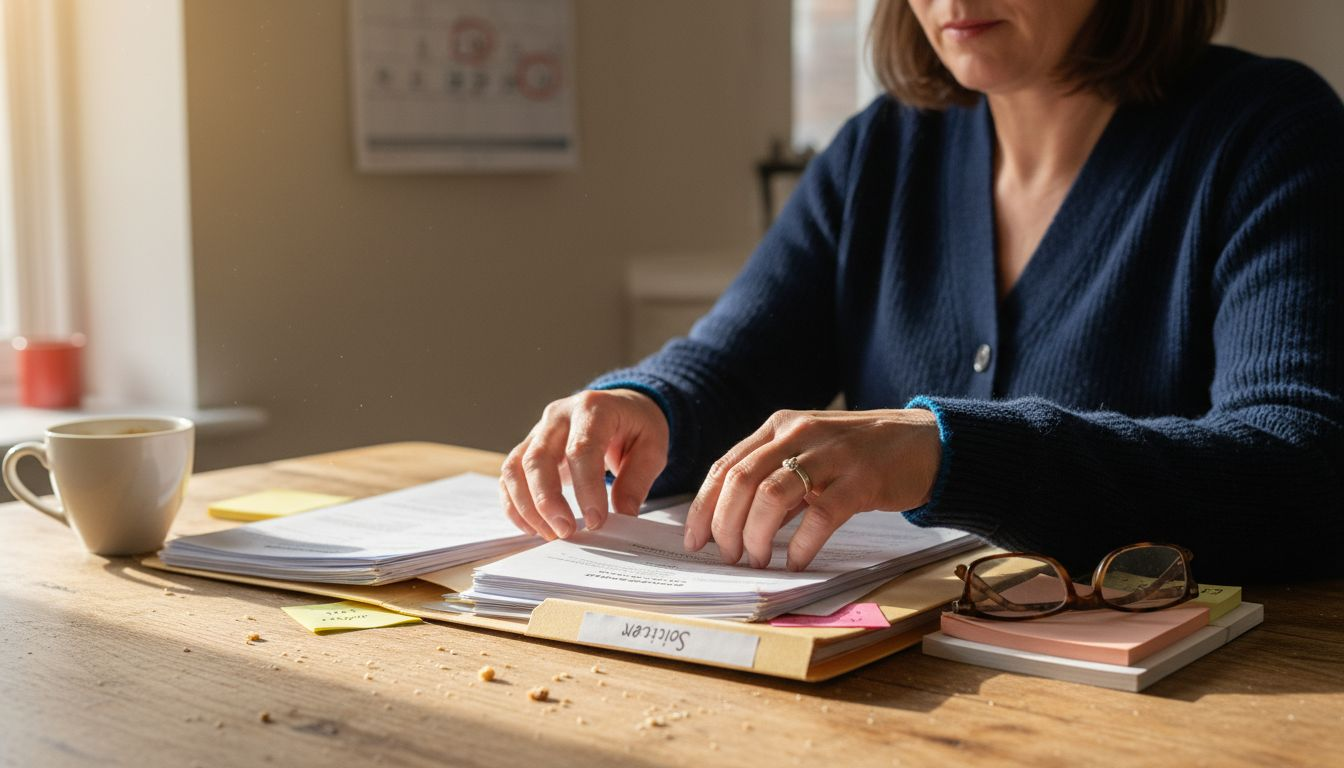 Woman organizing moving documents UK home