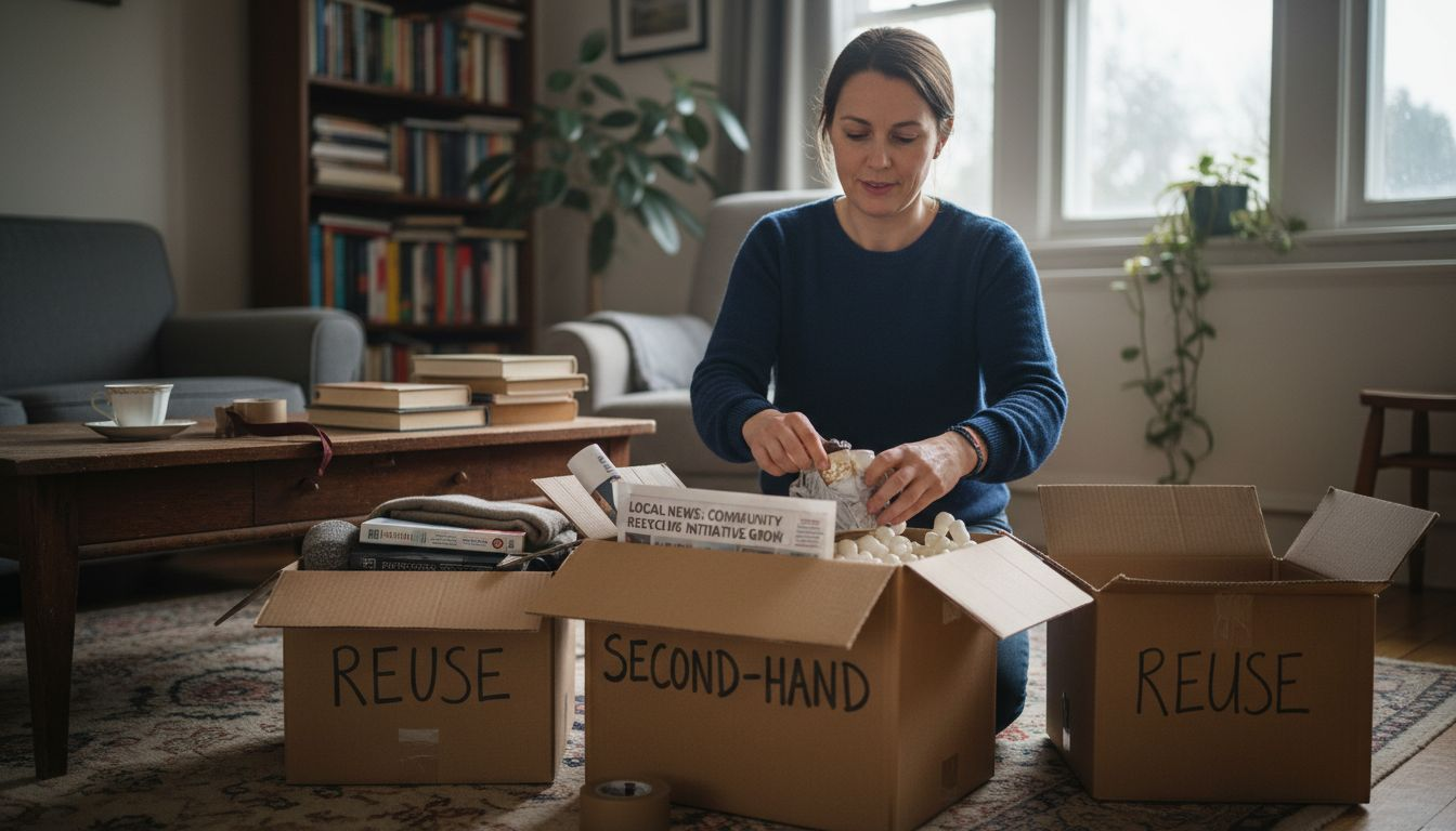 Woman packing with recycled and reusable materials