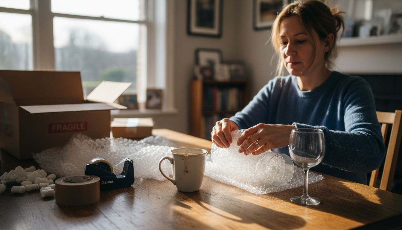 Packing glassware with bubble wrap and boxes
