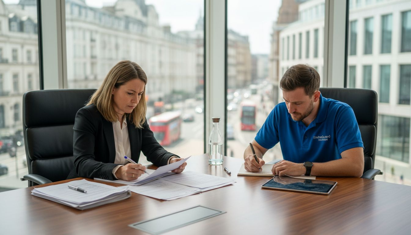 Facility manager reviewing waste documents with contractor