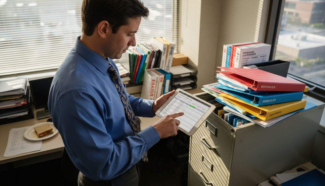 Manager completing office inventory assessment