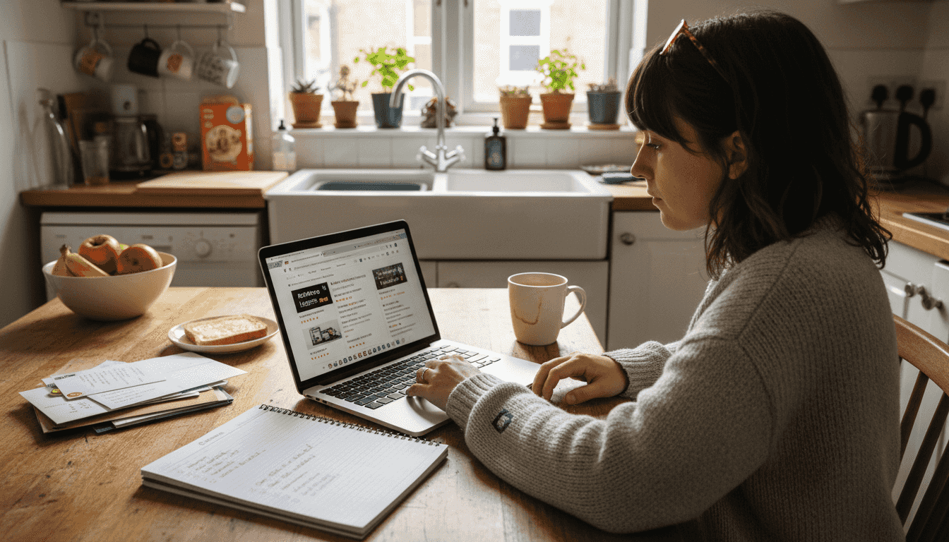 Woman researches moving companies at kitchen table