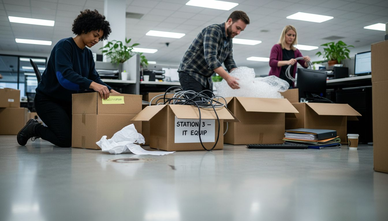 Staff packing office equipment and boxes