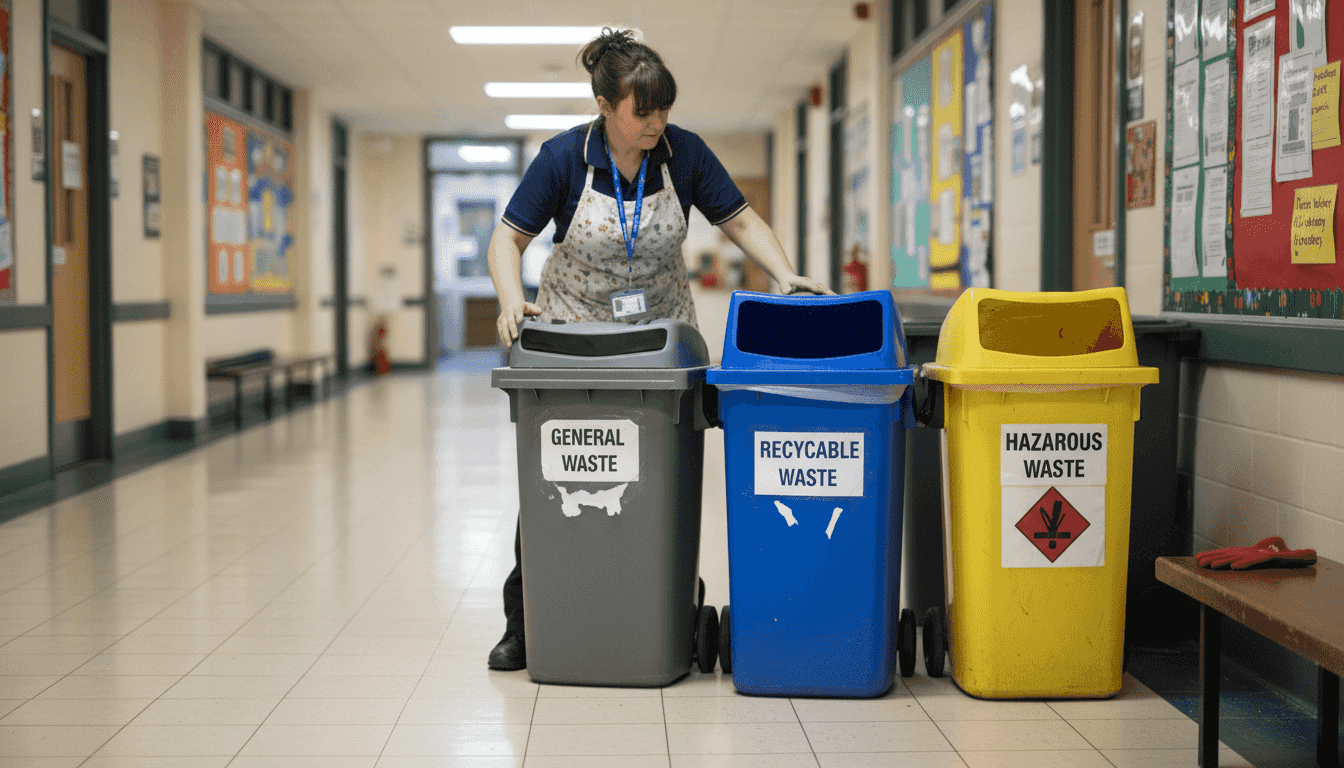 School staff placing labeled commercial waste bins