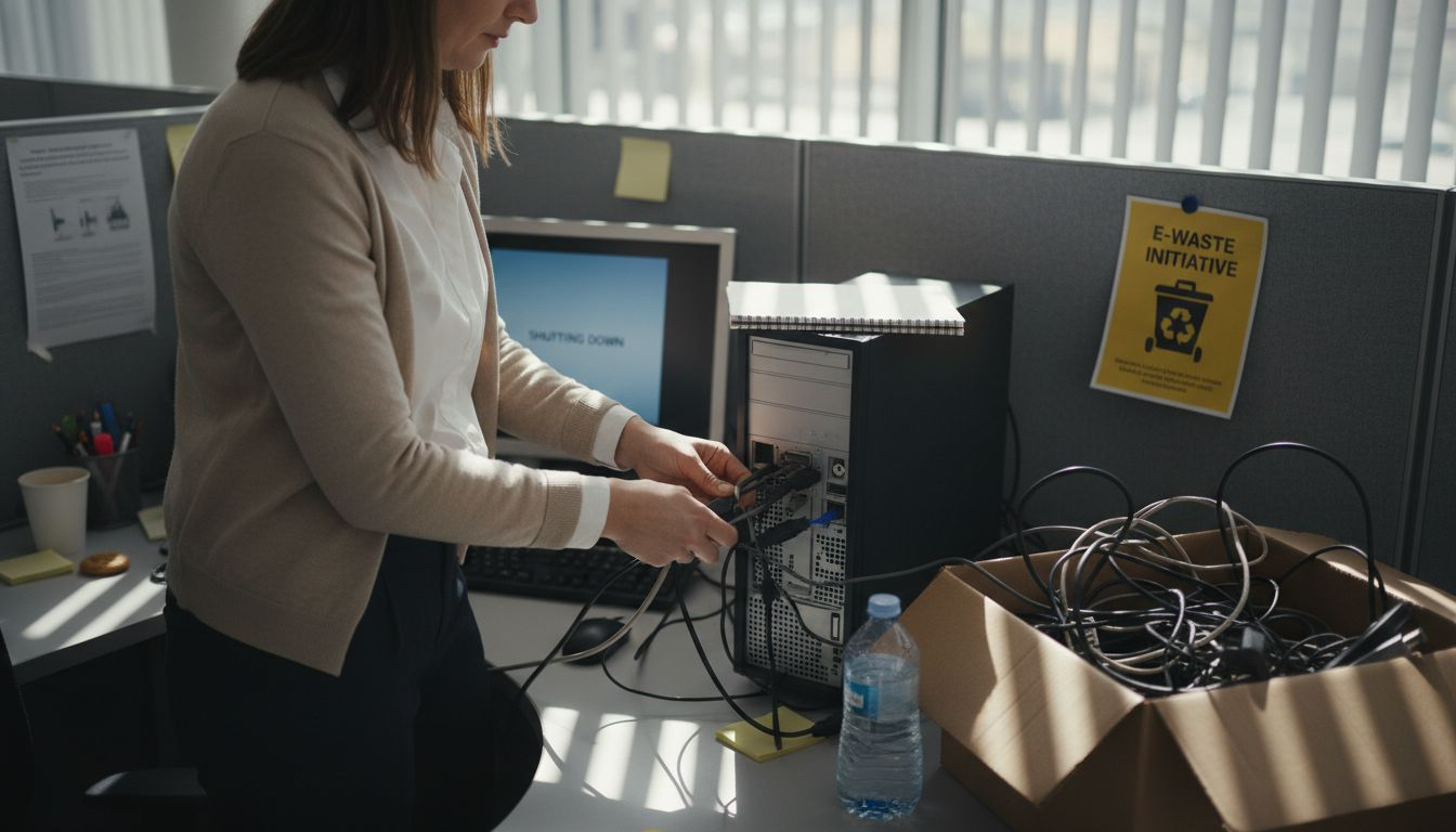 Woman prepares office computer for waste disposal