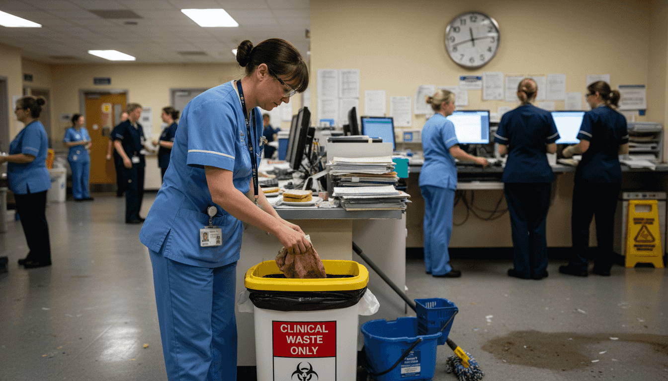 Nurse disposing dressings clinical waste bin
