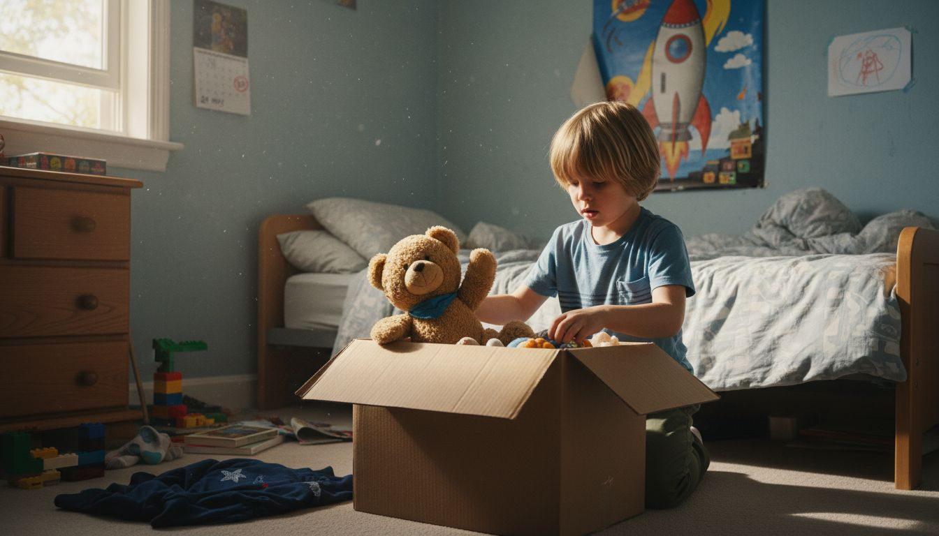 Child packing toys in messy bedroom