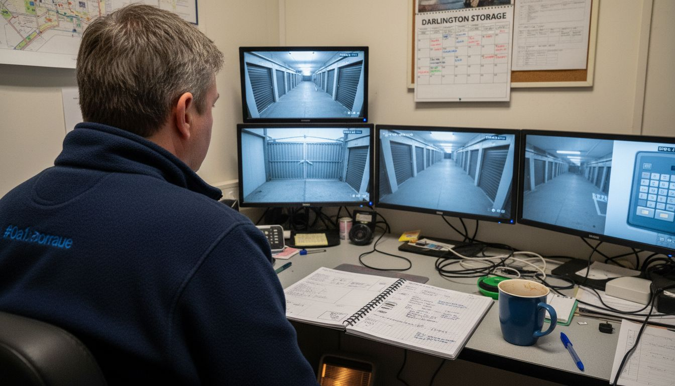 Manager reviews CCTV in storage security office