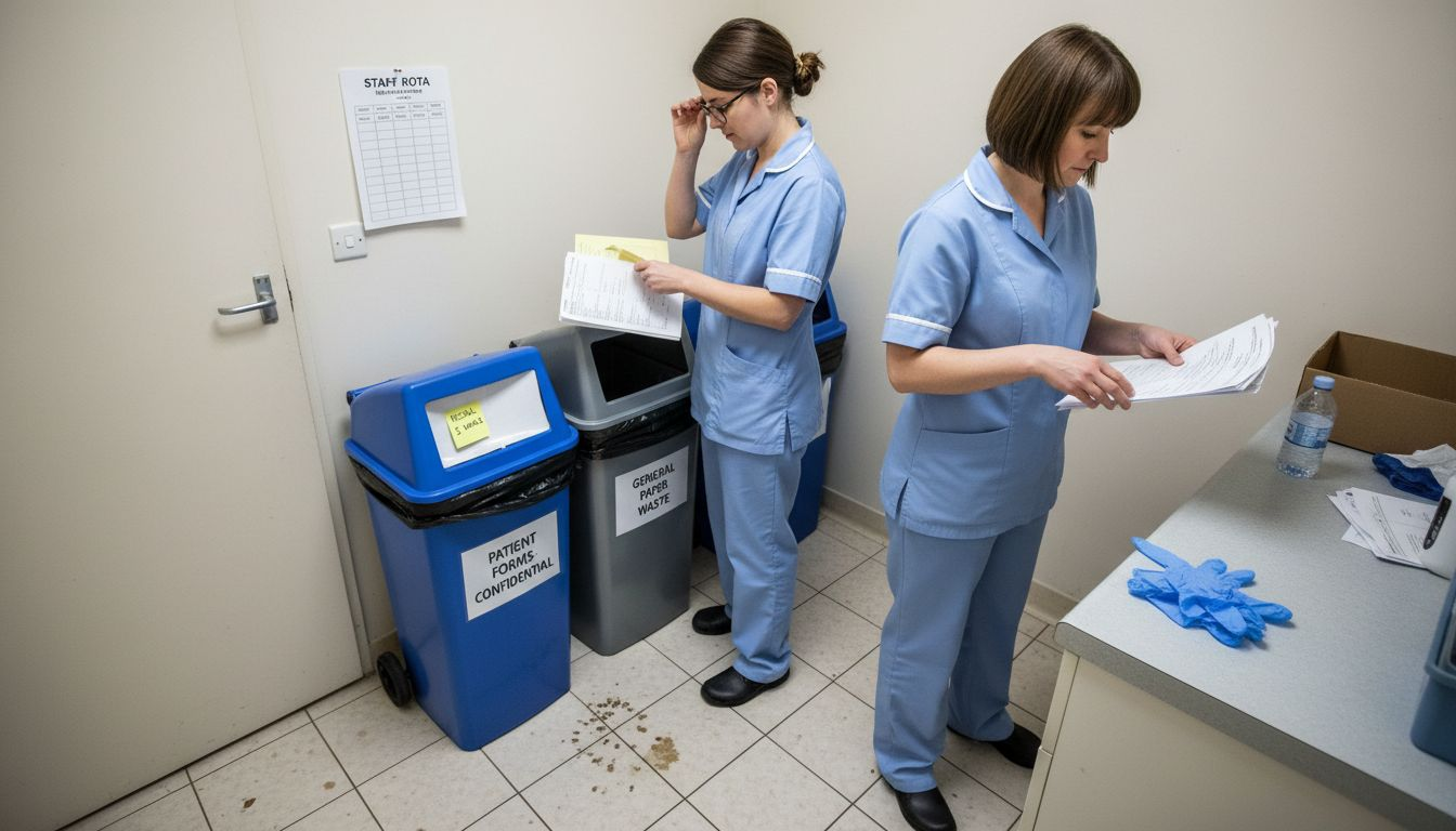Clinic staff separating confidential waste for disposal