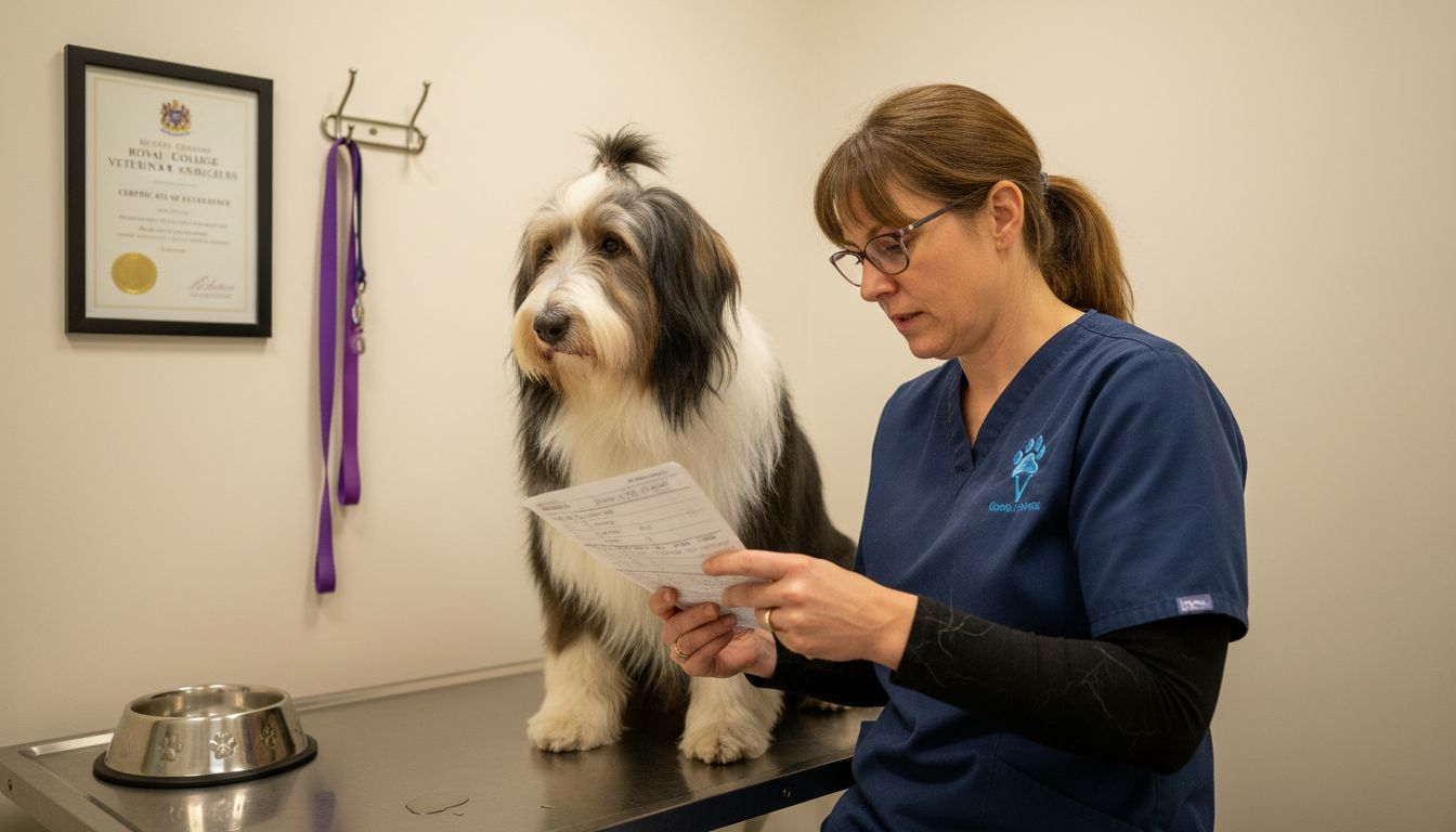 Vet reviews pet records with bearded collie