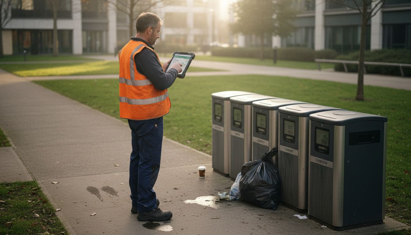 Operator checking smart waste bins in office park
