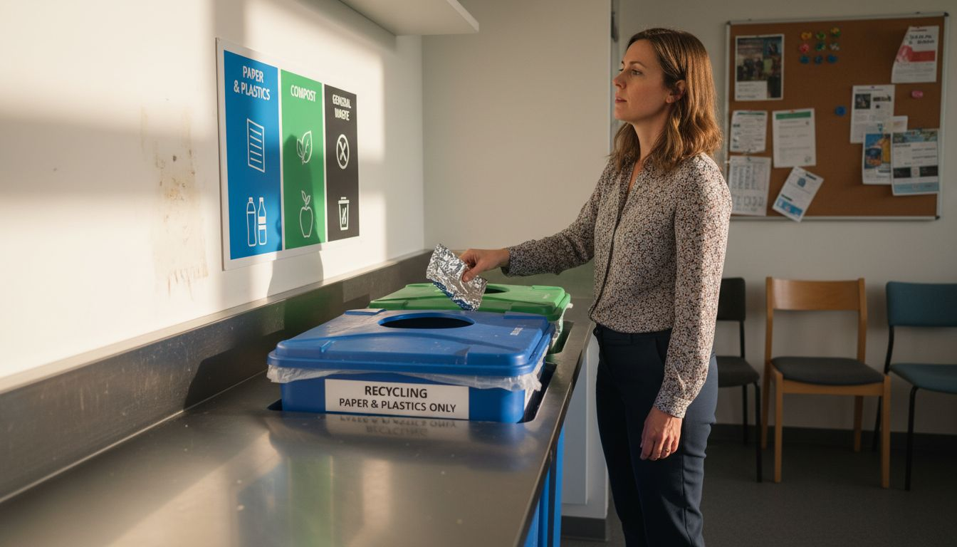 Employee reading recycling sign by kitchen bin