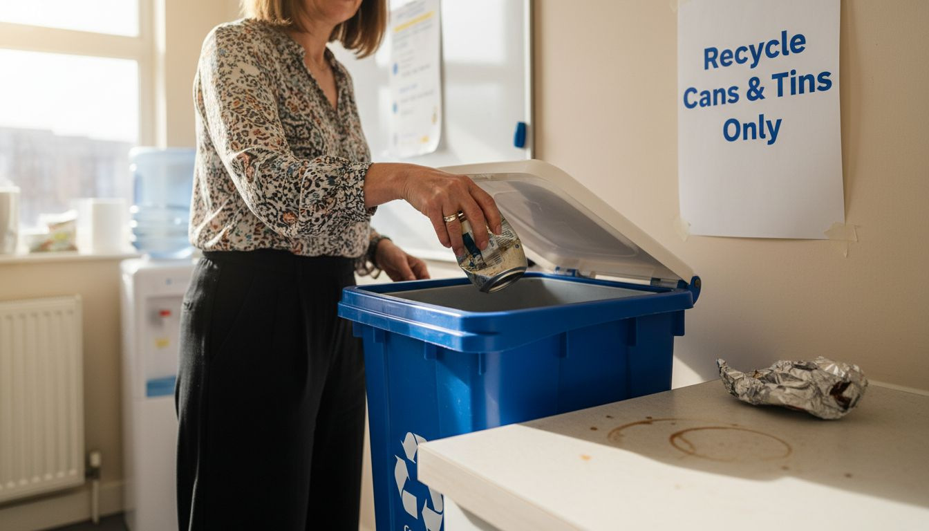 Woman recycling aluminium cans in office kitchen