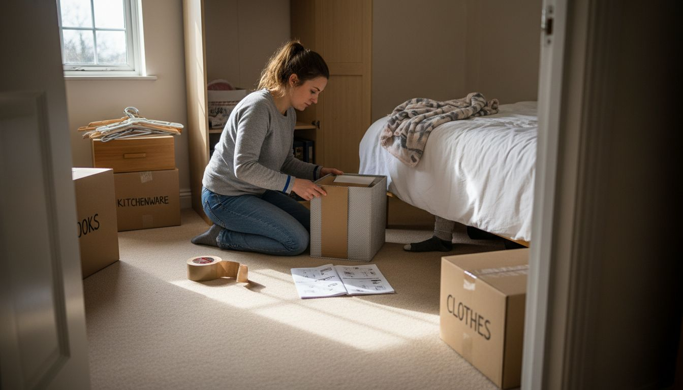 Woman organising and unpacking new bedroom
