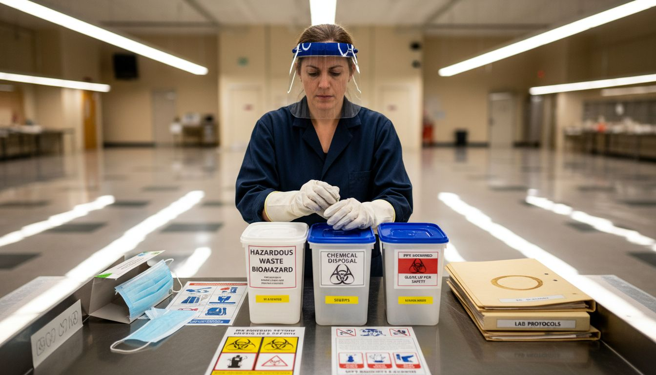 Worker prepares PPE for chemical waste handling