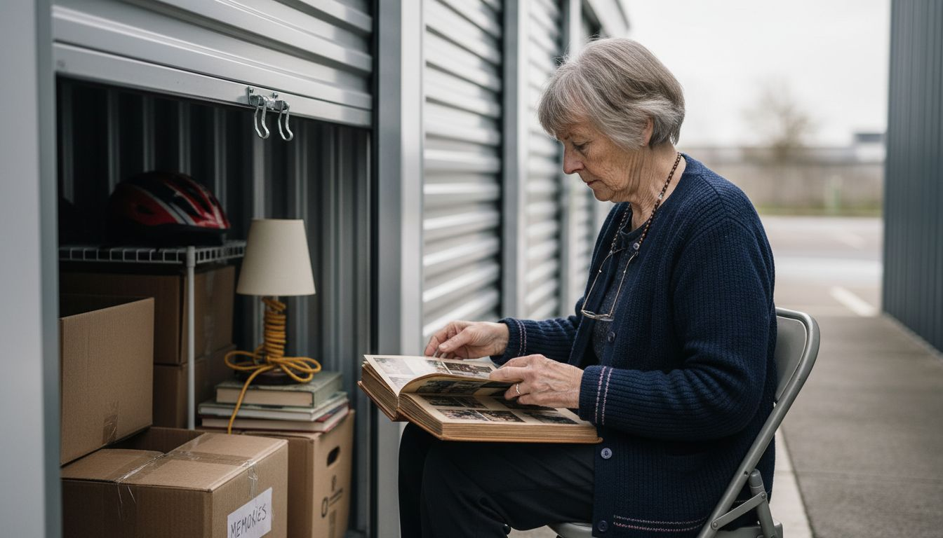 Woman organising storage unit while downsizing
