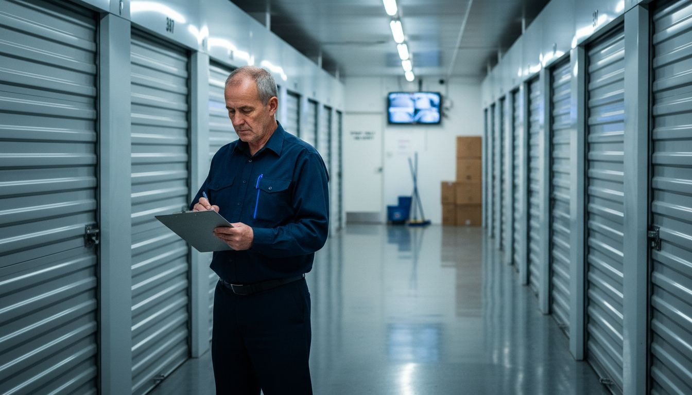 Storage facility corridor with security check