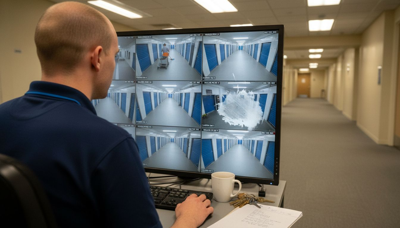 Technician monitoring storage unit CCTV screens