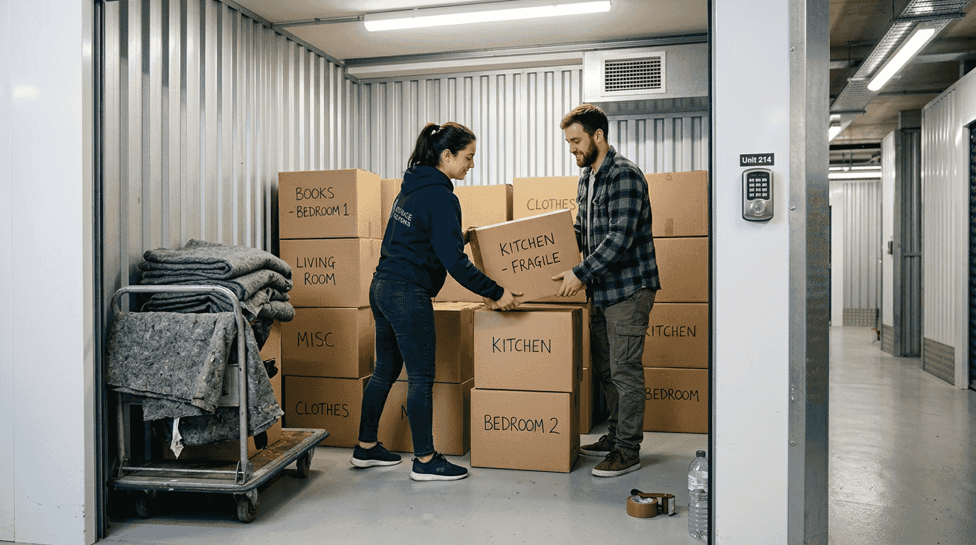 Couple loading boxes into climate controlled storage