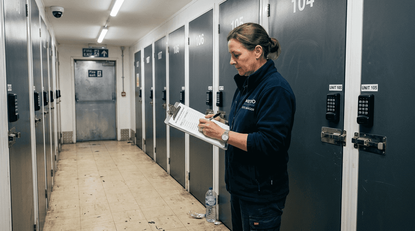 Manager inspects secure self-storage hallway
