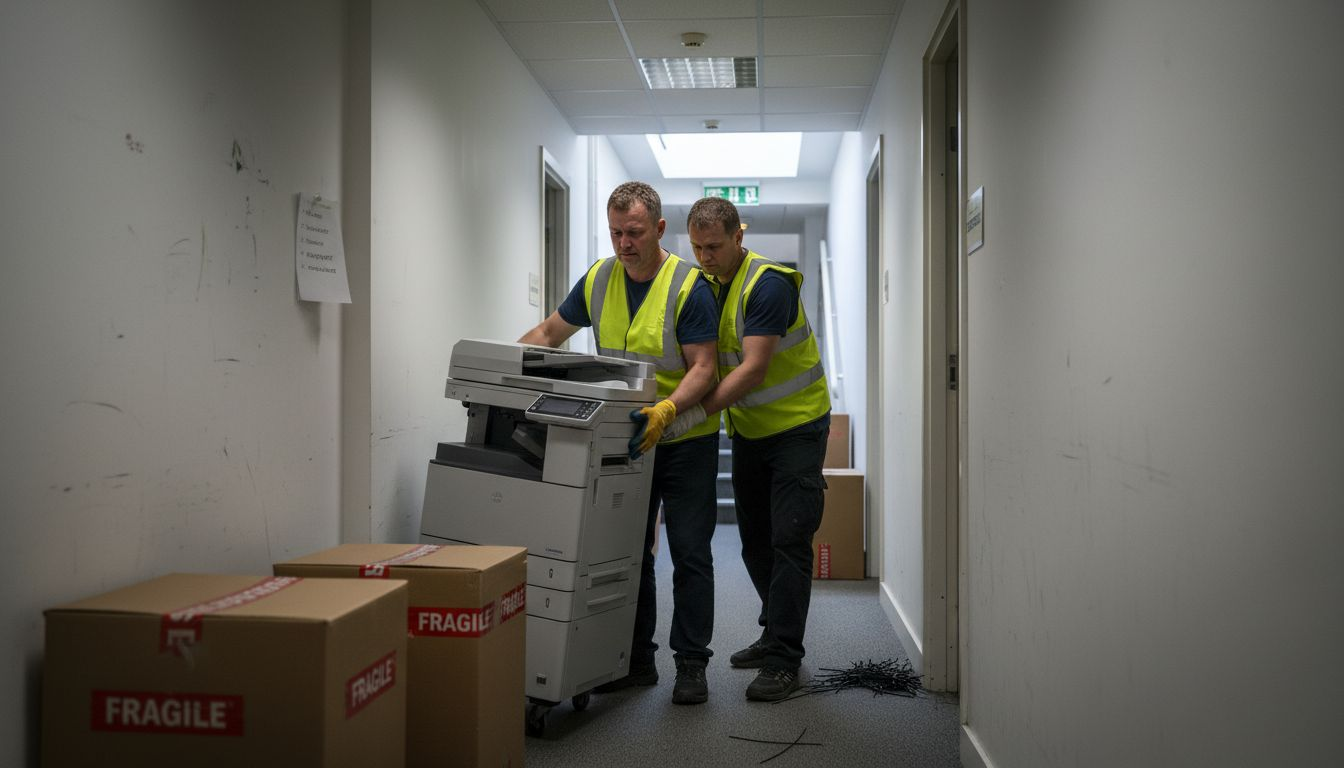 Movers handling large office equipment in hallway