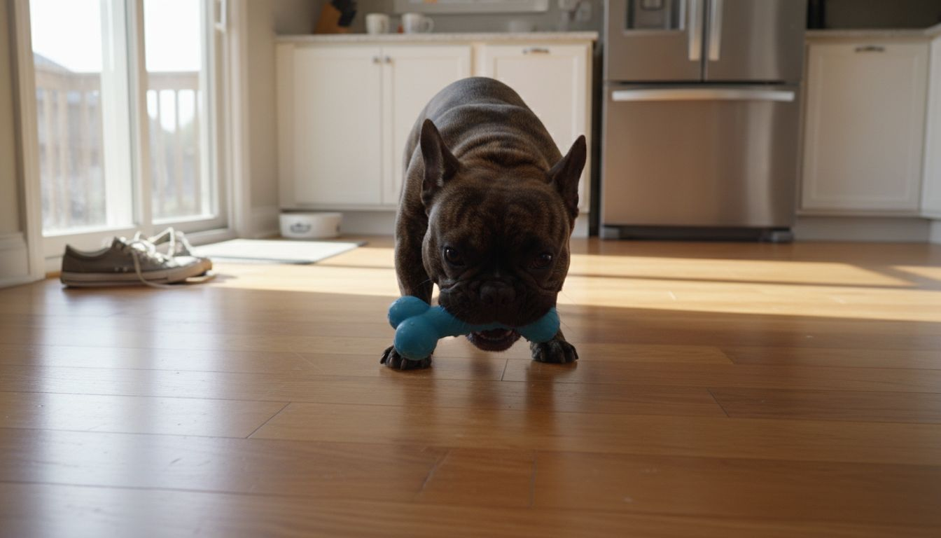 French bulldog chewing dental toy in kitchen