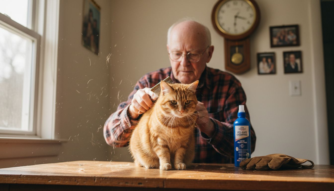 Elderly man grooming cat on kitchen table