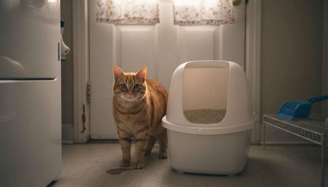 Cat beside organized litter box setup
